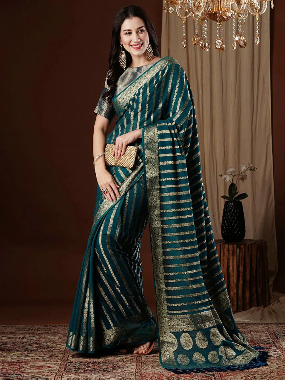 Ethnic Teal Blue Partywear Georgette Saree - The Dori Store