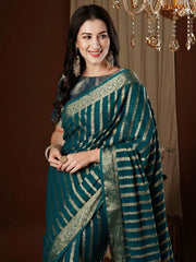Ethnic Teal Blue Partywear Georgette Saree - The Dori Store