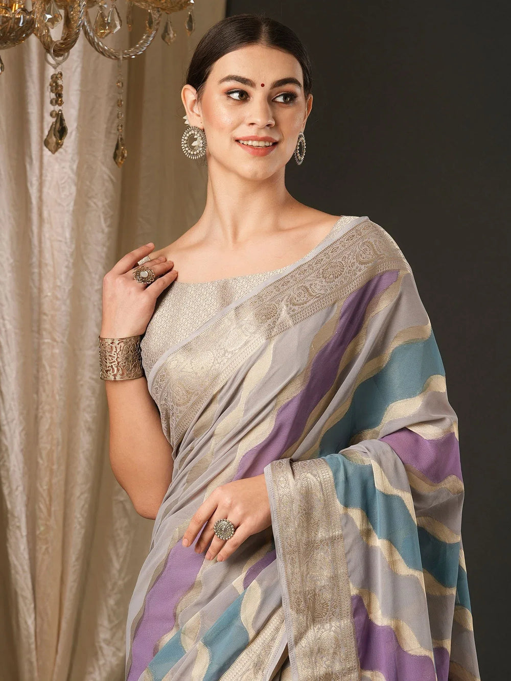 Purplish Grey Designer Georgette Saree - The Dori Store