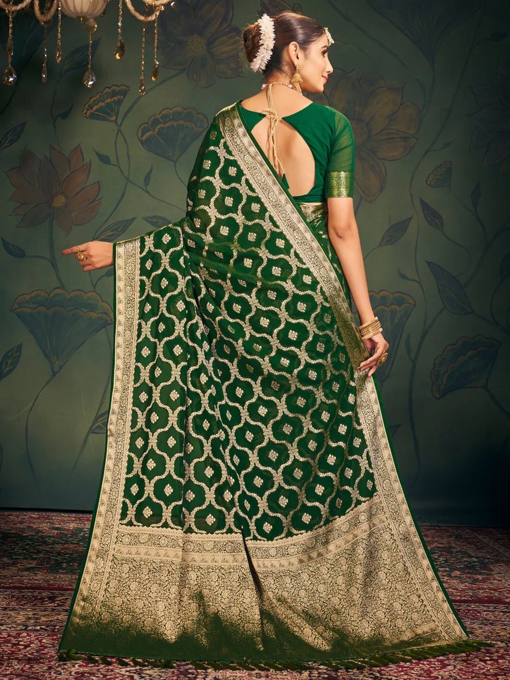 Green Banarasi Georgette Saree - The Dori Store