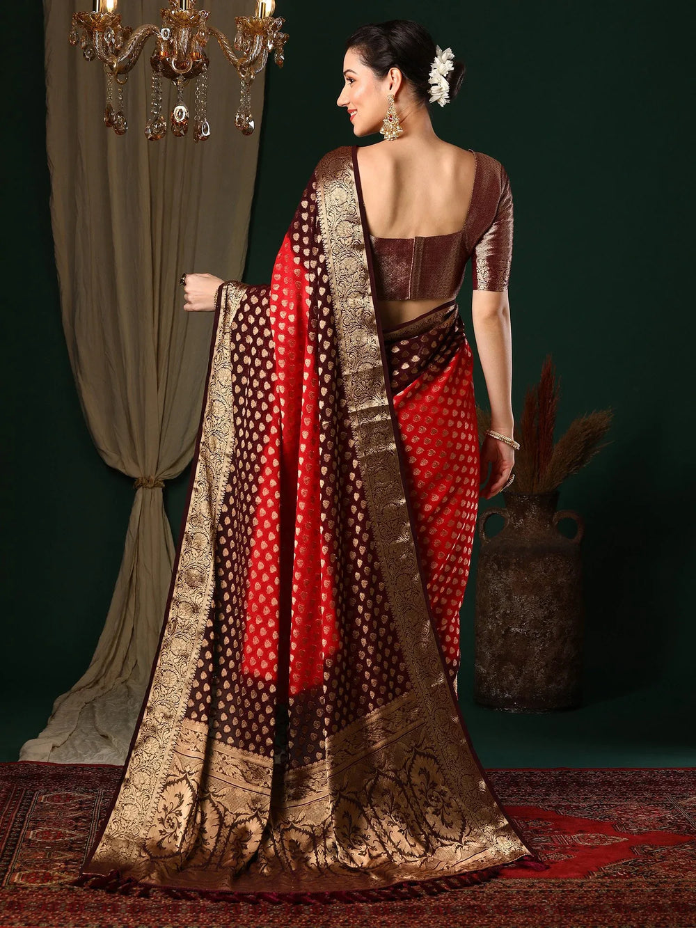 Hot Red Banarasi Georgette Saree - The Dori Store