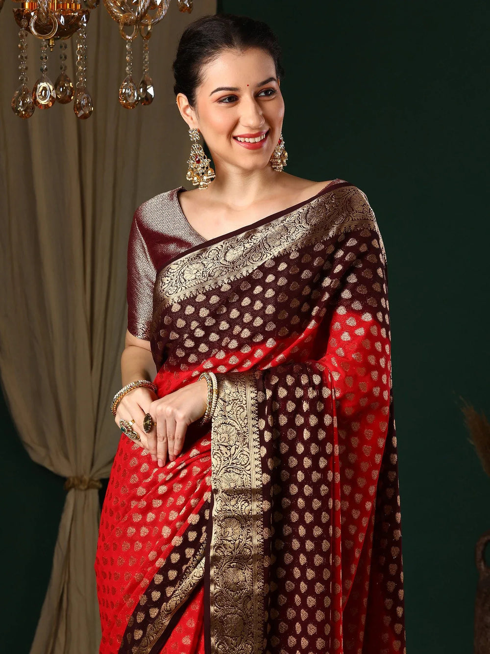 Hot Red Banarasi Georgette Saree - The Dori Store