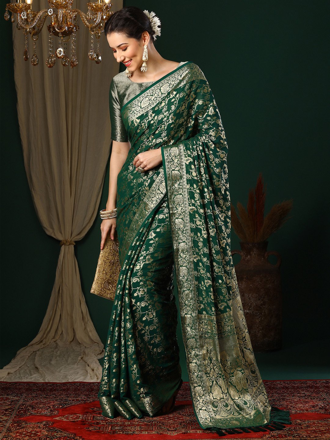 Green Kanjeevaram Georgette Woven Saree