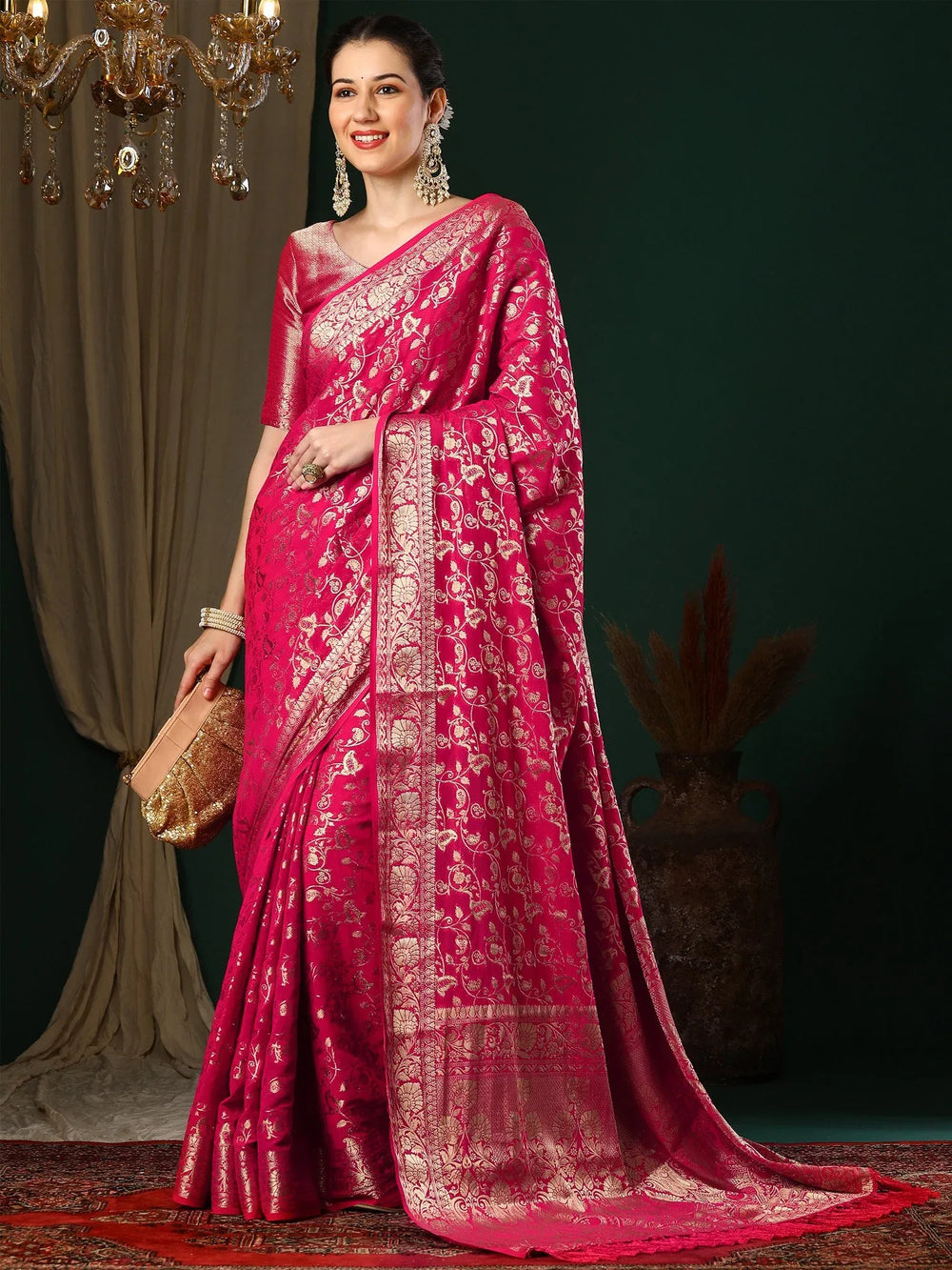 Opulent Pink Banarasi Georgette Saree - The Dori Store