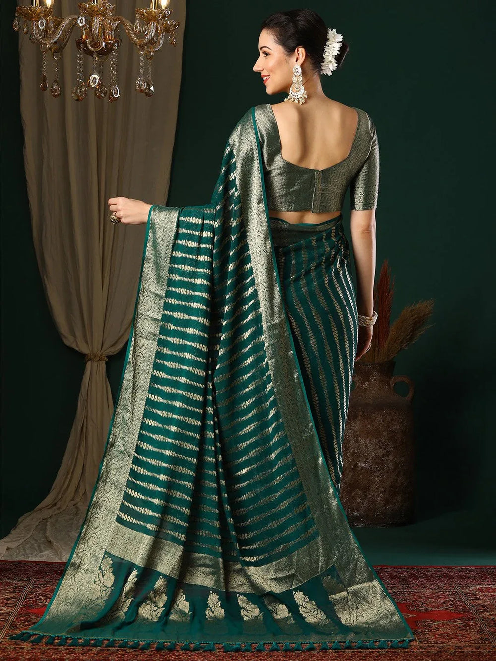 Teal Blue Kanjeevaram Georgette Woven Saree - The Dori Store