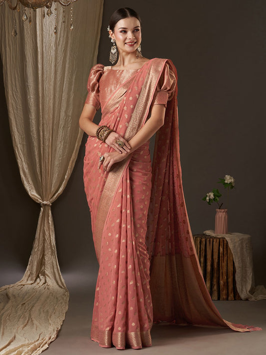 Pink Peach Kanjeevaram Georgette Woven Saree