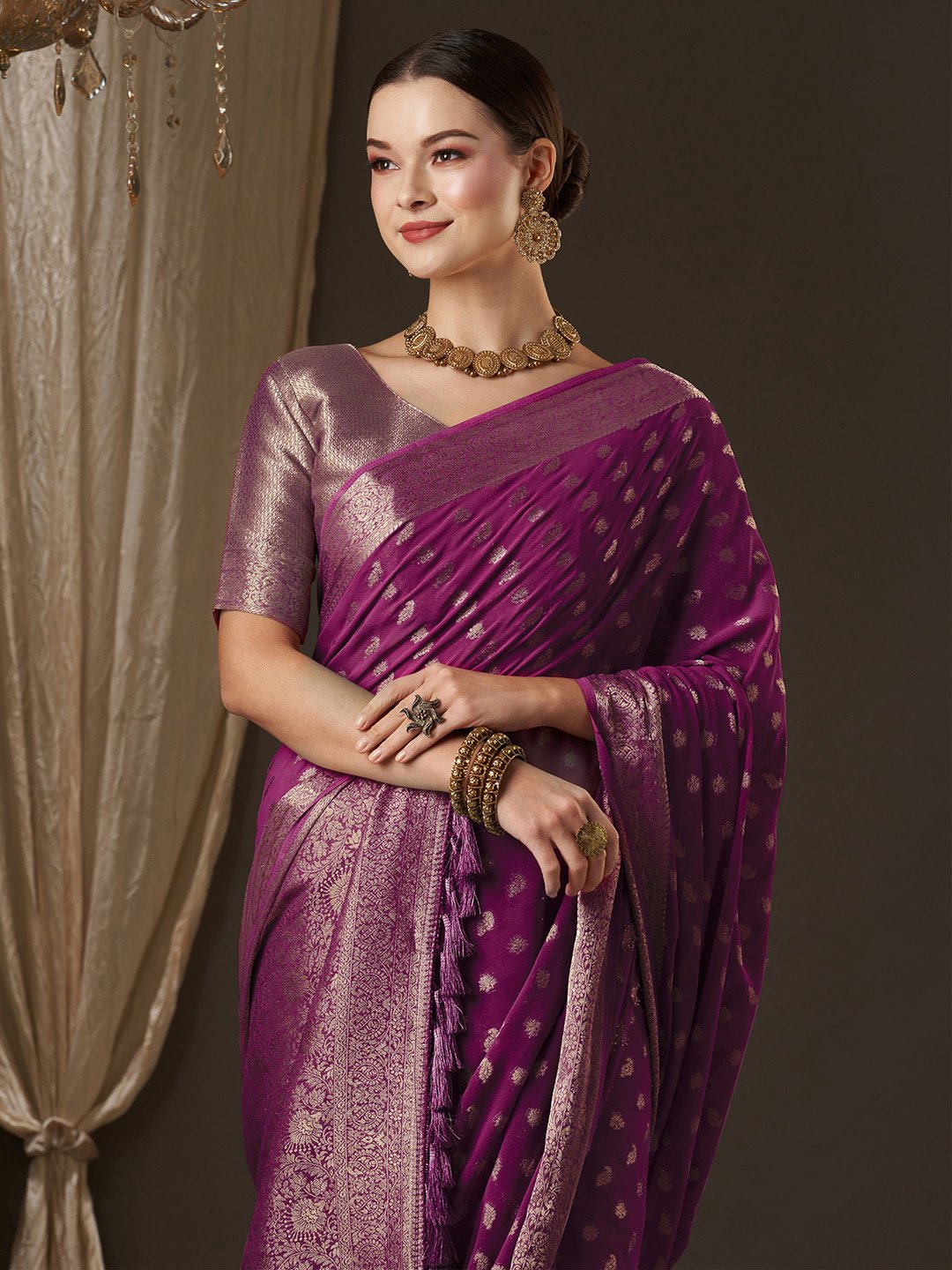 Magenta Kanjeevaram Georgette Woven Saree