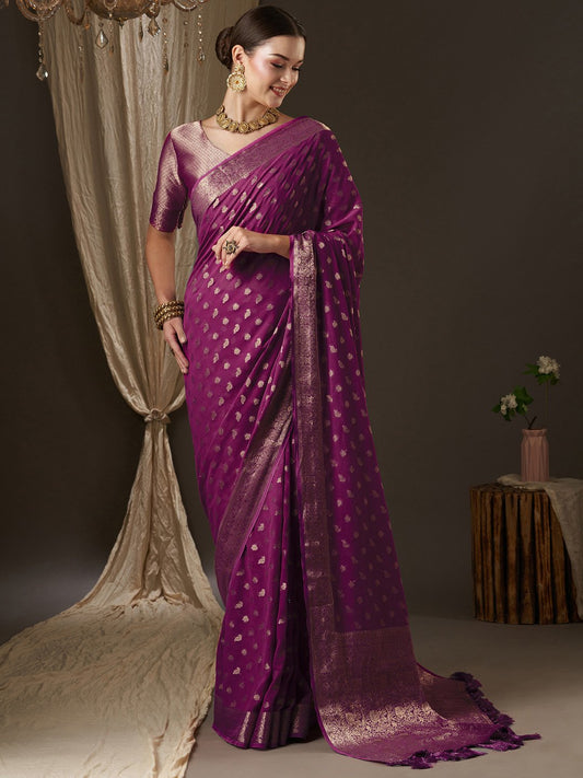 Purple Magenta Kanjeevaram Georgette Woven Saree