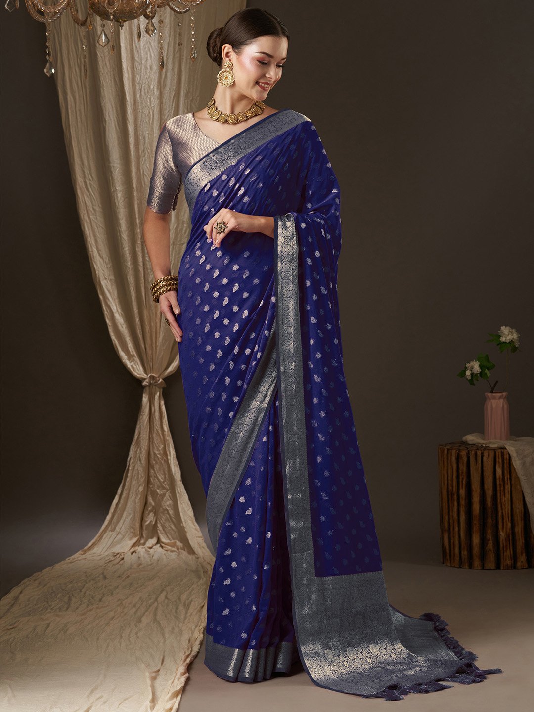 Blue Navy Kanjeevaram Georgette Woven Saree