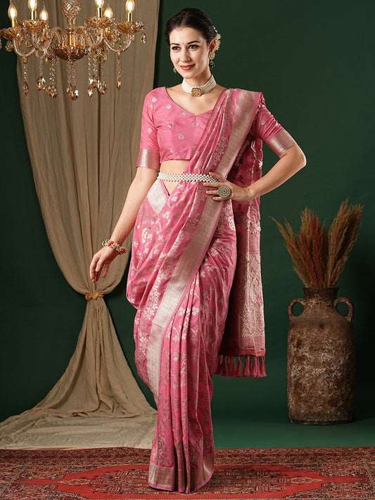 Pink Pink Kanjeevaram Georgette Woven Saree