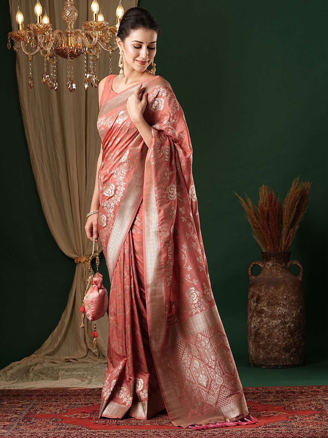 Peach Kanjeevaram Georgette Woven Saree