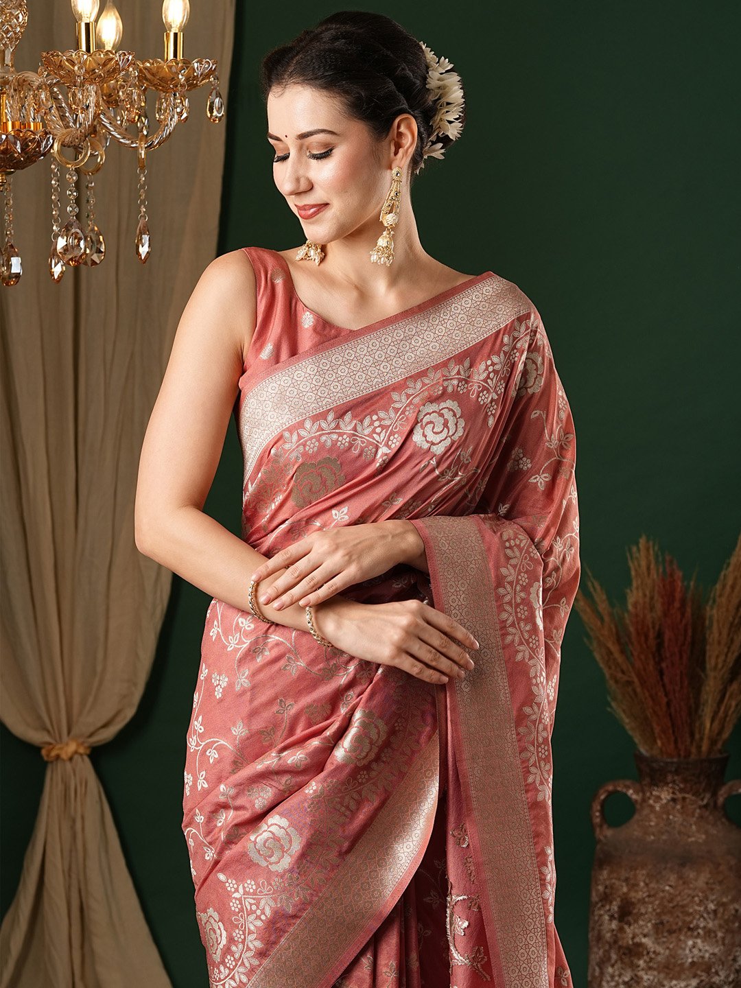 Peach Kanjeevaram Georgette Woven Saree