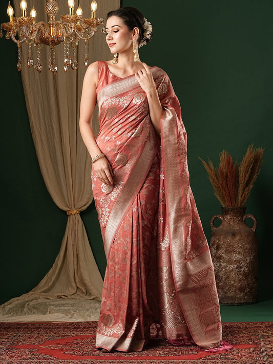 Pink Peach Kanjeevaram Georgette Woven Saree