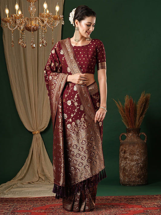 Maroon Maroon Kanjeevaram Georgette Woven Saree
