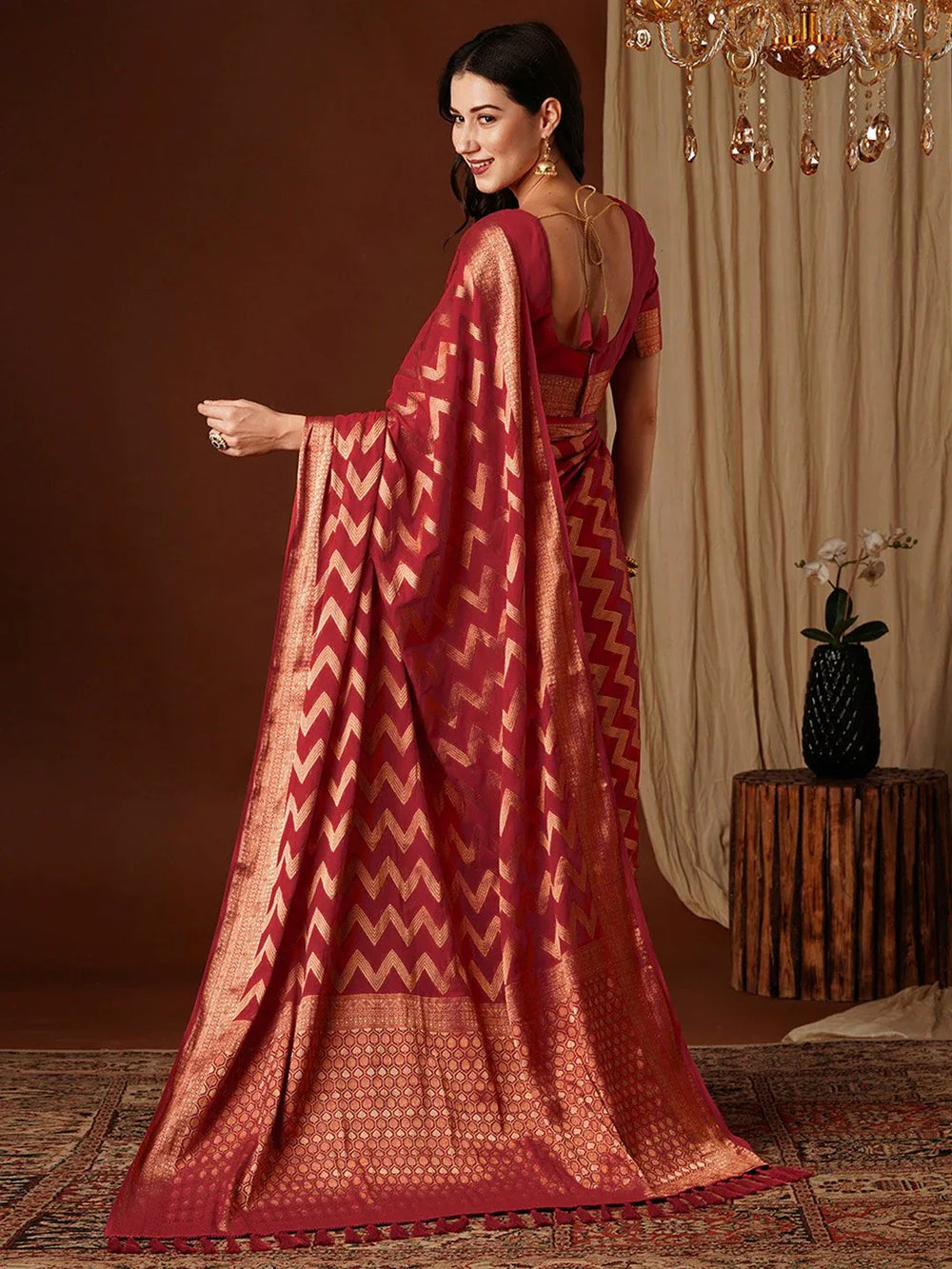 Partywear Red Pure Georgette Saree - The Dori Store