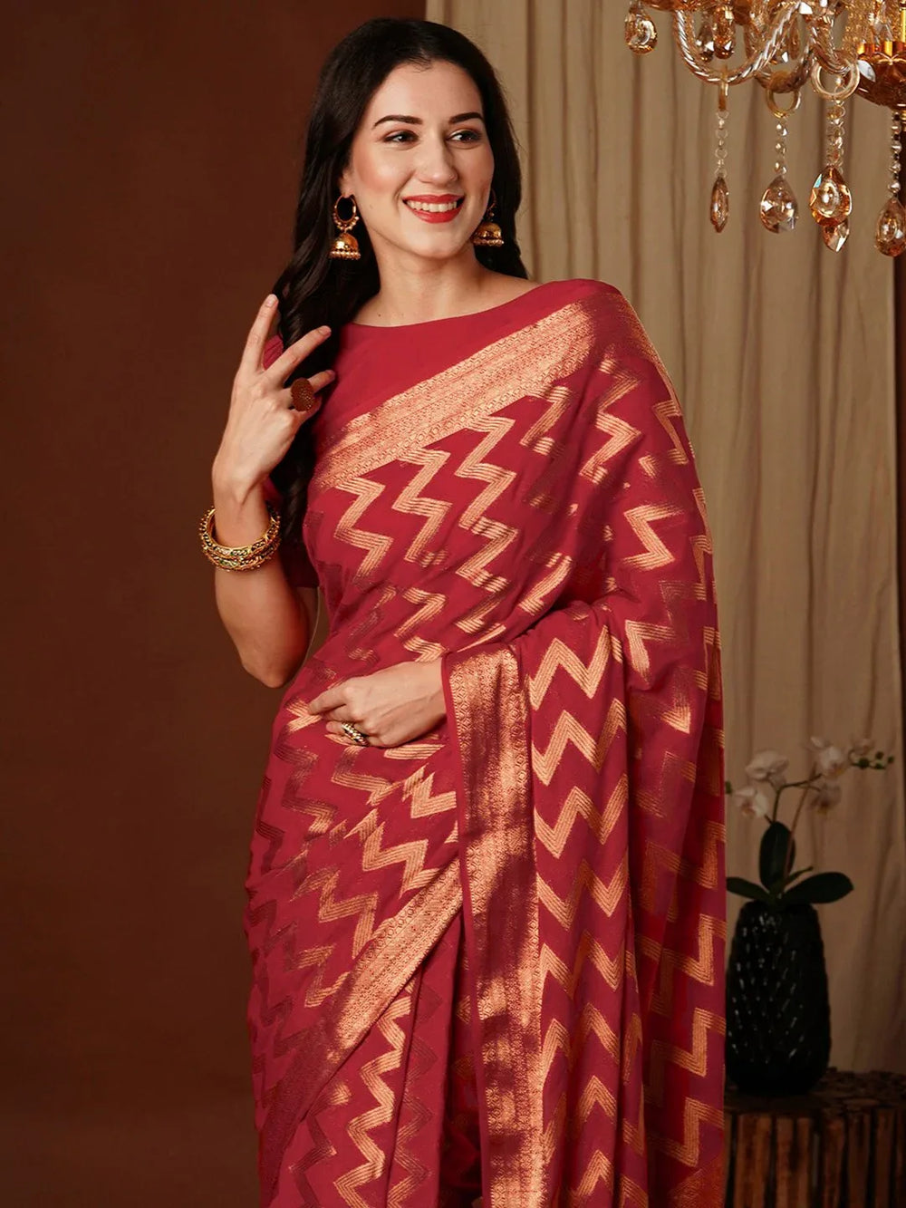 Partywear Red Pure Georgette Saree - The Dori Store