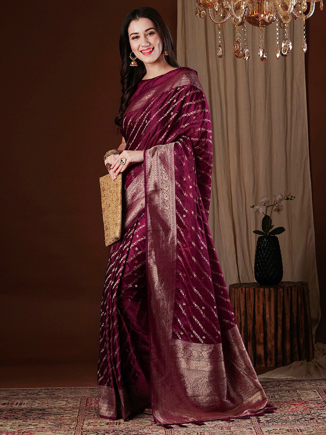 Burgundy Kanjeevaram Satin Silk Woven Saree