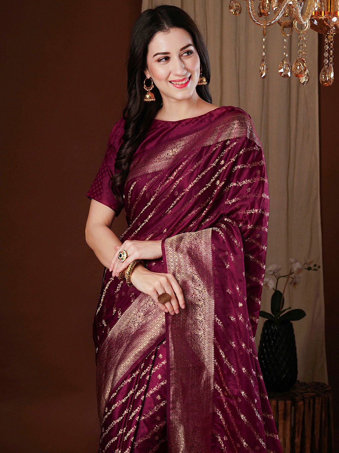 Burgundy Kanjeevaram Satin Silk Woven Saree