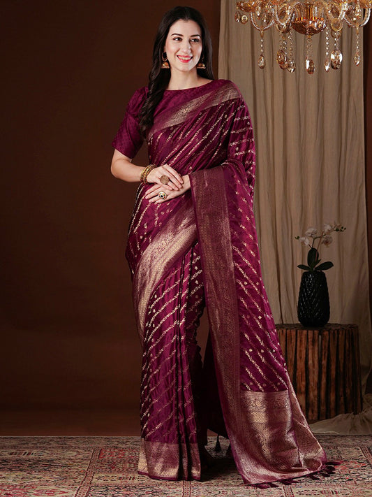 Purple Burgundy Kanjeevaram Satin Silk Woven Saree
