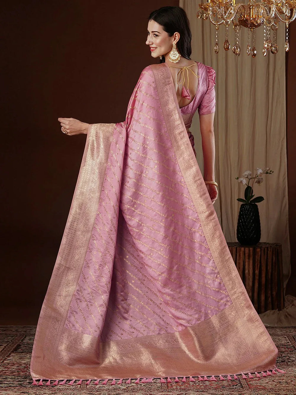 Graceful Pink Satin Silk Saree - The Dori Store