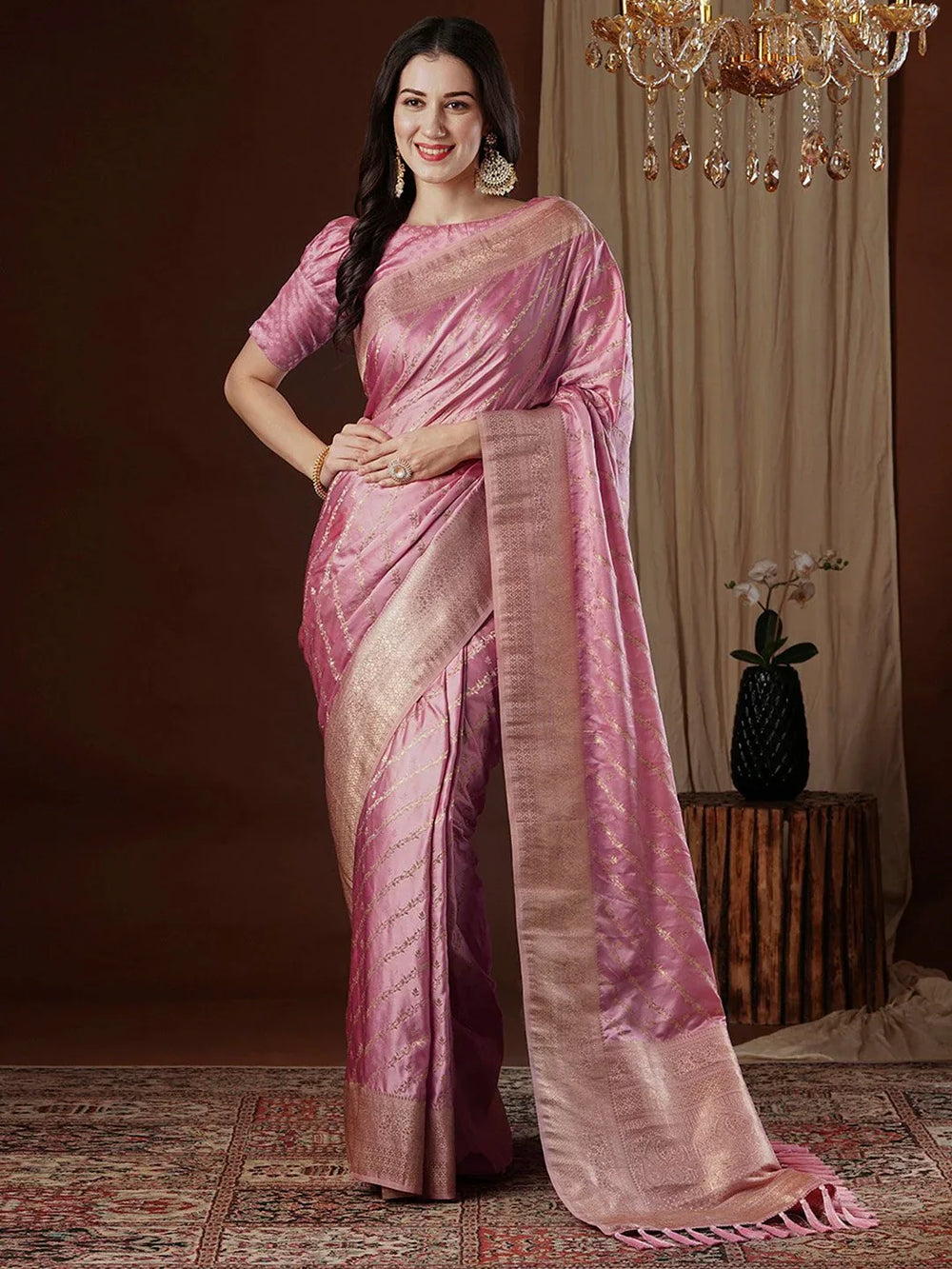 Graceful Pink Satin Silk Saree - The Dori Store