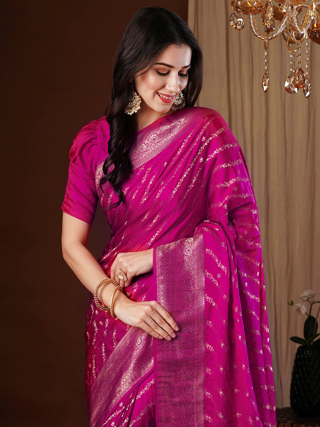 Pink Kanjeevaram Satin Silk Woven Saree