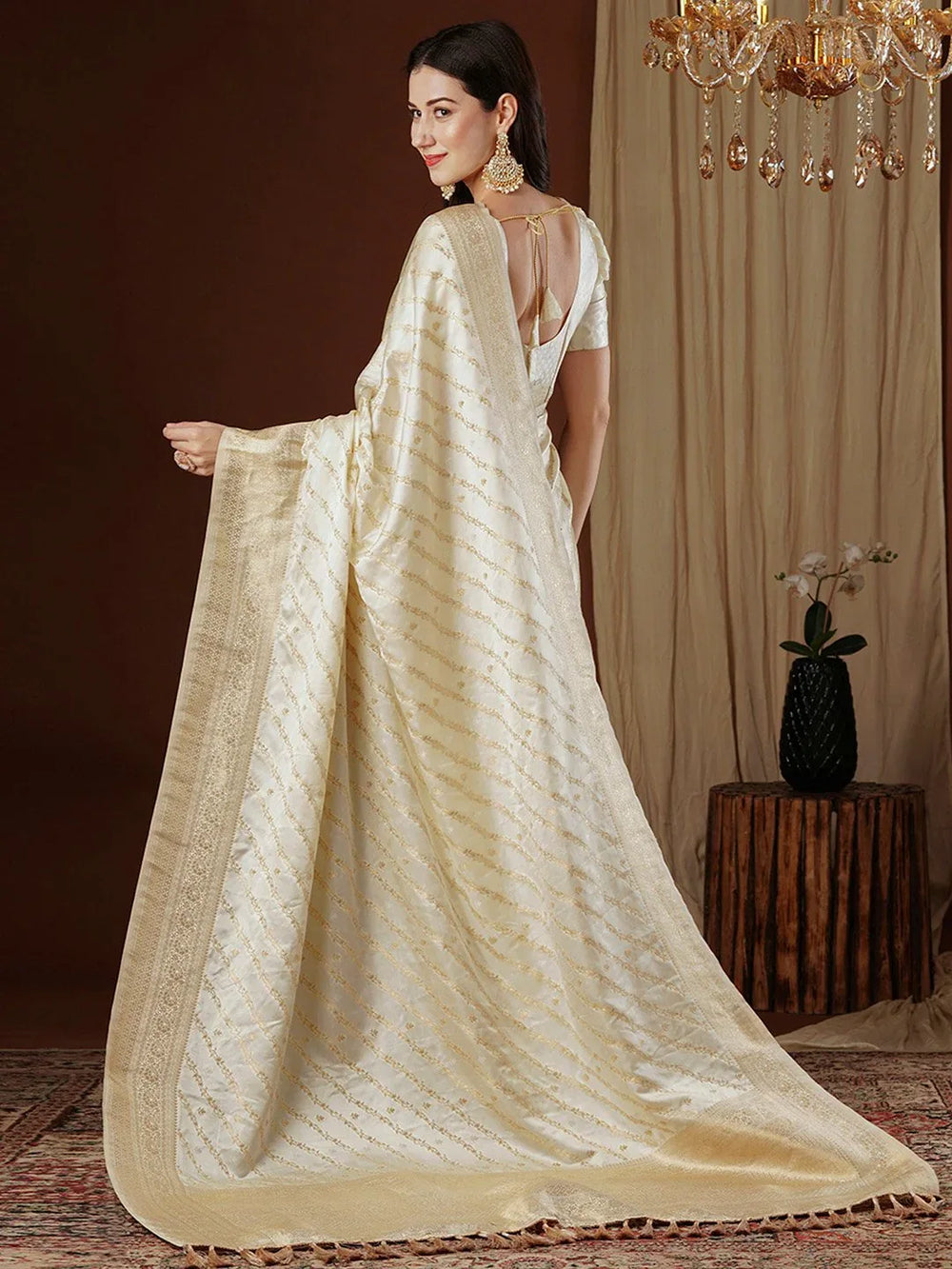 Off White Kanjeevaram Satin Silk Woven Saree - The Dori Store
