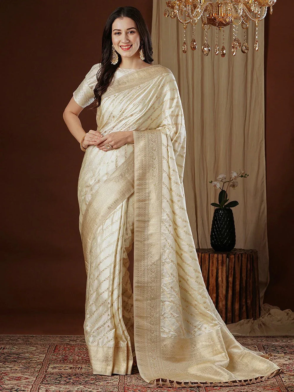 Off White Kanjeevaram Satin Silk Woven Saree - The Dori Store