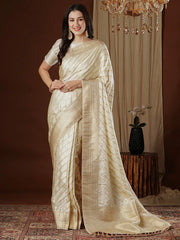 Off White Kanjeevaram Satin Silk Woven Saree - The Dori Store