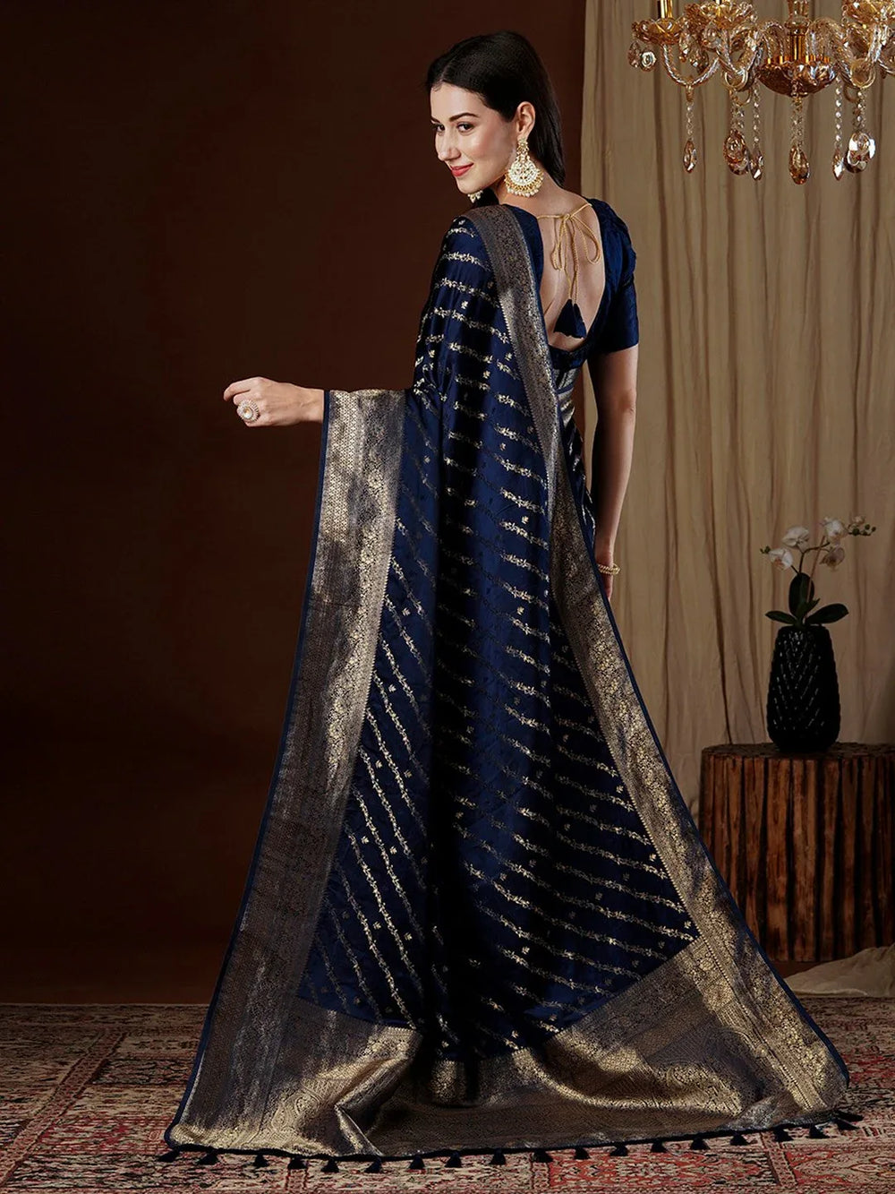 Navy Kanjeevaram Satin Silk Woven Saree - The Dori Store