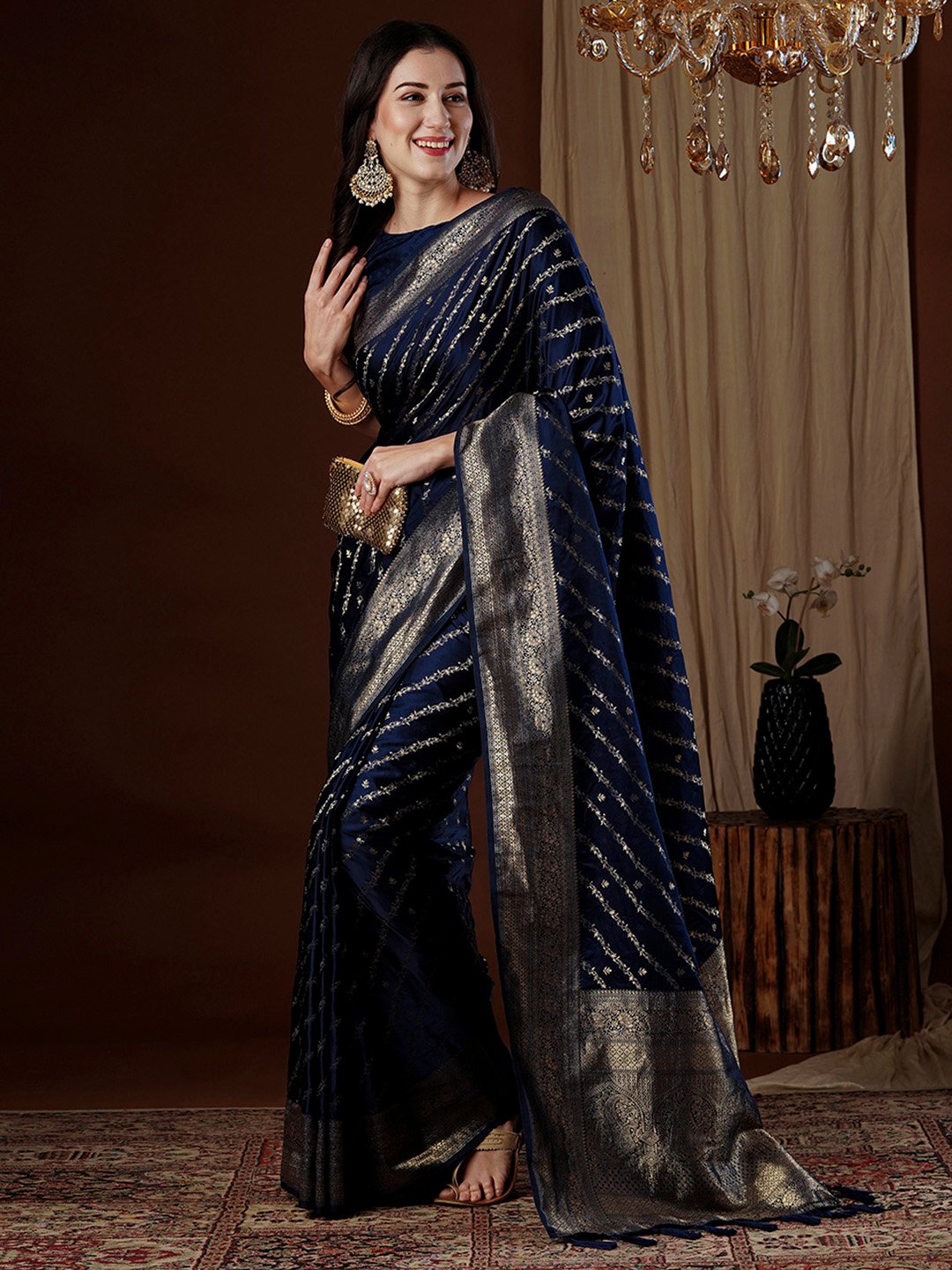 Navy Kanjeevaram Satin Silk Woven Saree