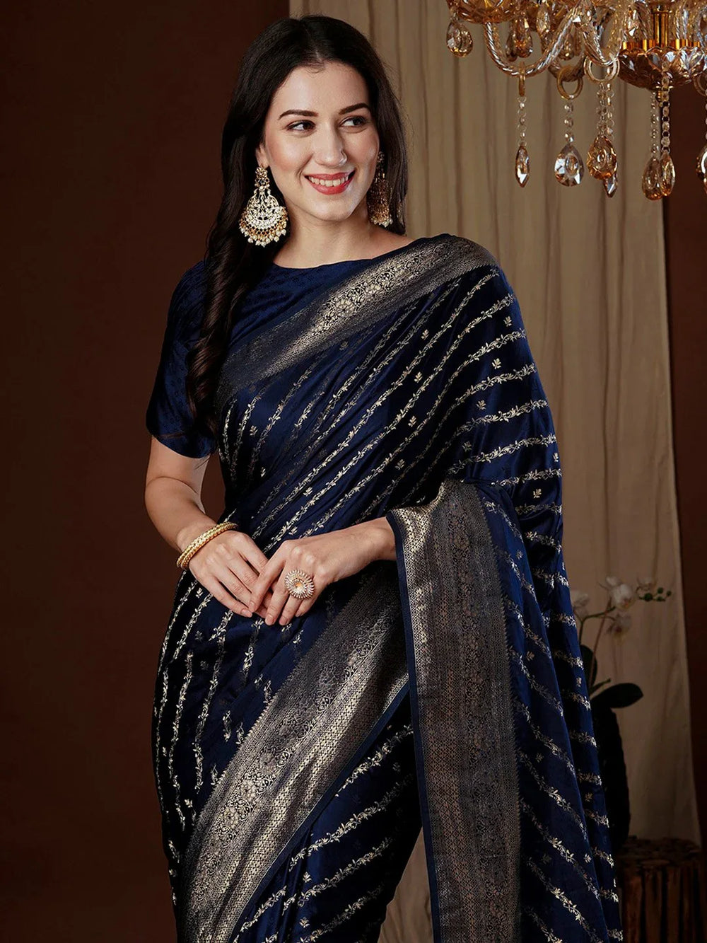 Navy Kanjeevaram Satin Silk Woven Saree - The Dori Store