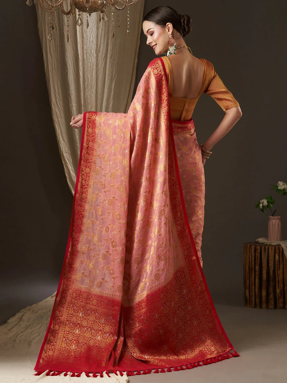 Peach Pink Partywear Georgette Saree - The Dori Store