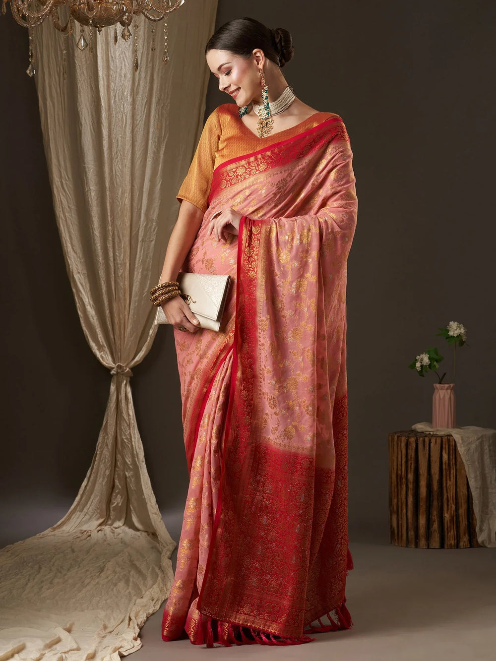 Peach Pink Partywear Georgette Saree - The Dori Store