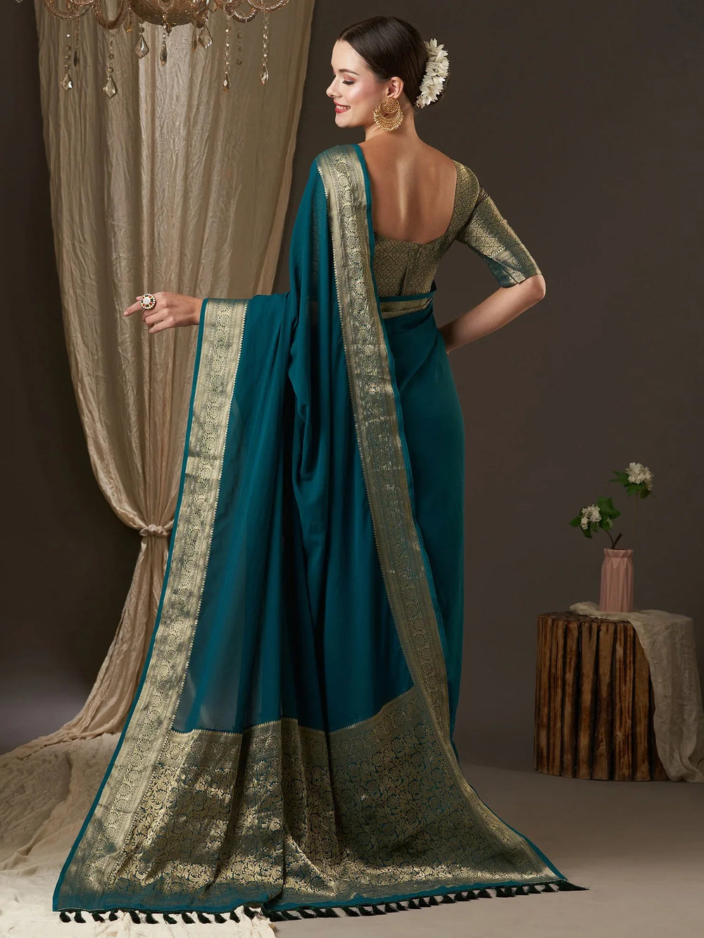 Teal Blue Partywear Georgette Saree - The Dori Store
