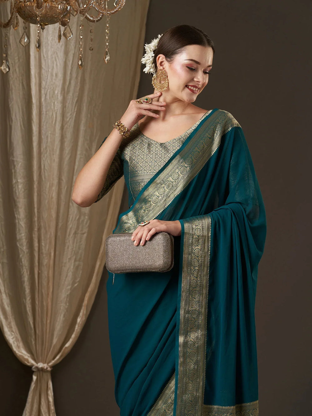Teal Blue Partywear Georgette Saree - The Dori Store