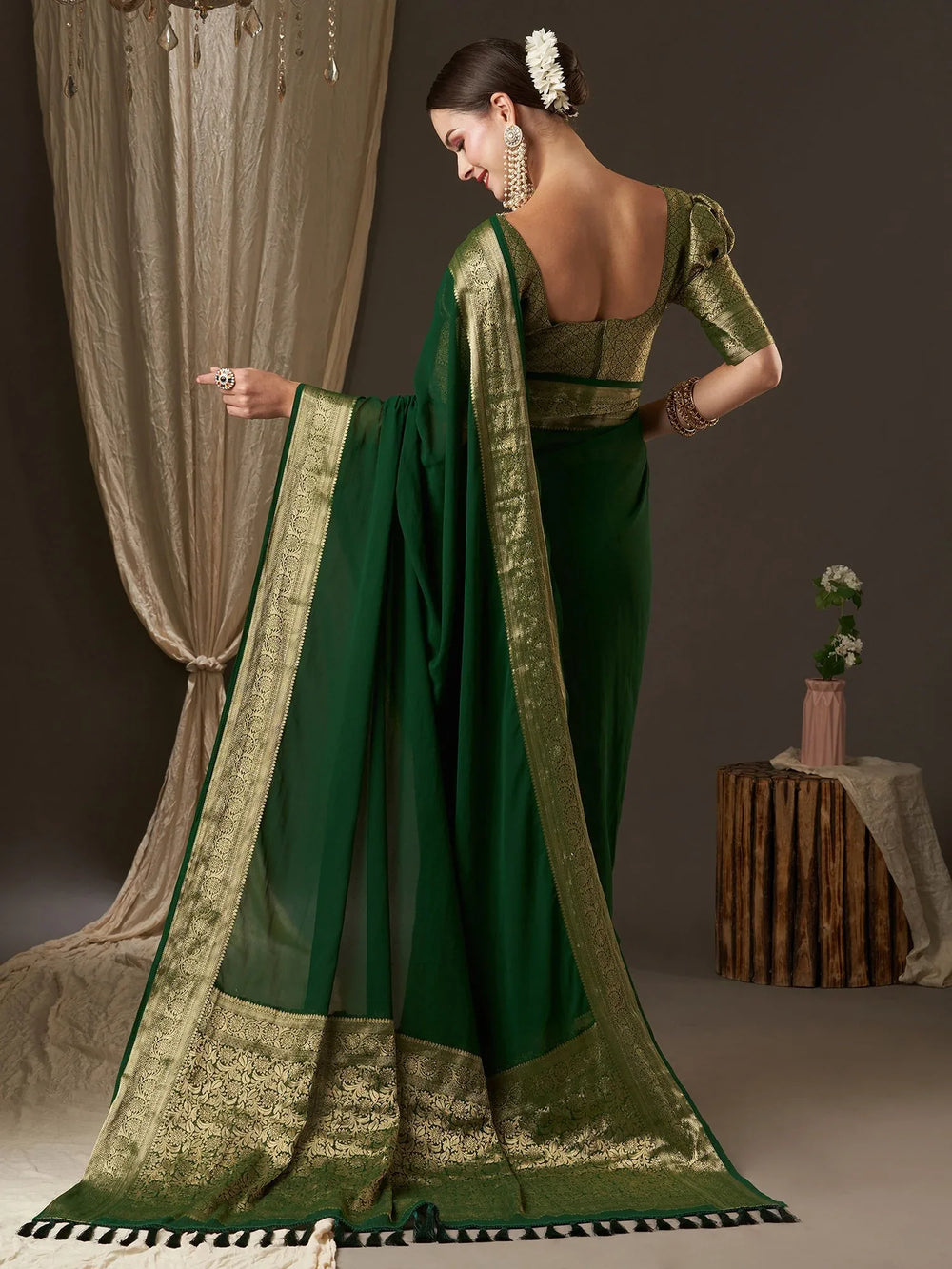 Royal Deep Green Partywear Georgette Saree - The Dori Store