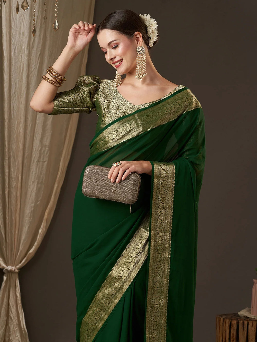 Royal Deep Green Partywear Georgette Saree - The Dori Store