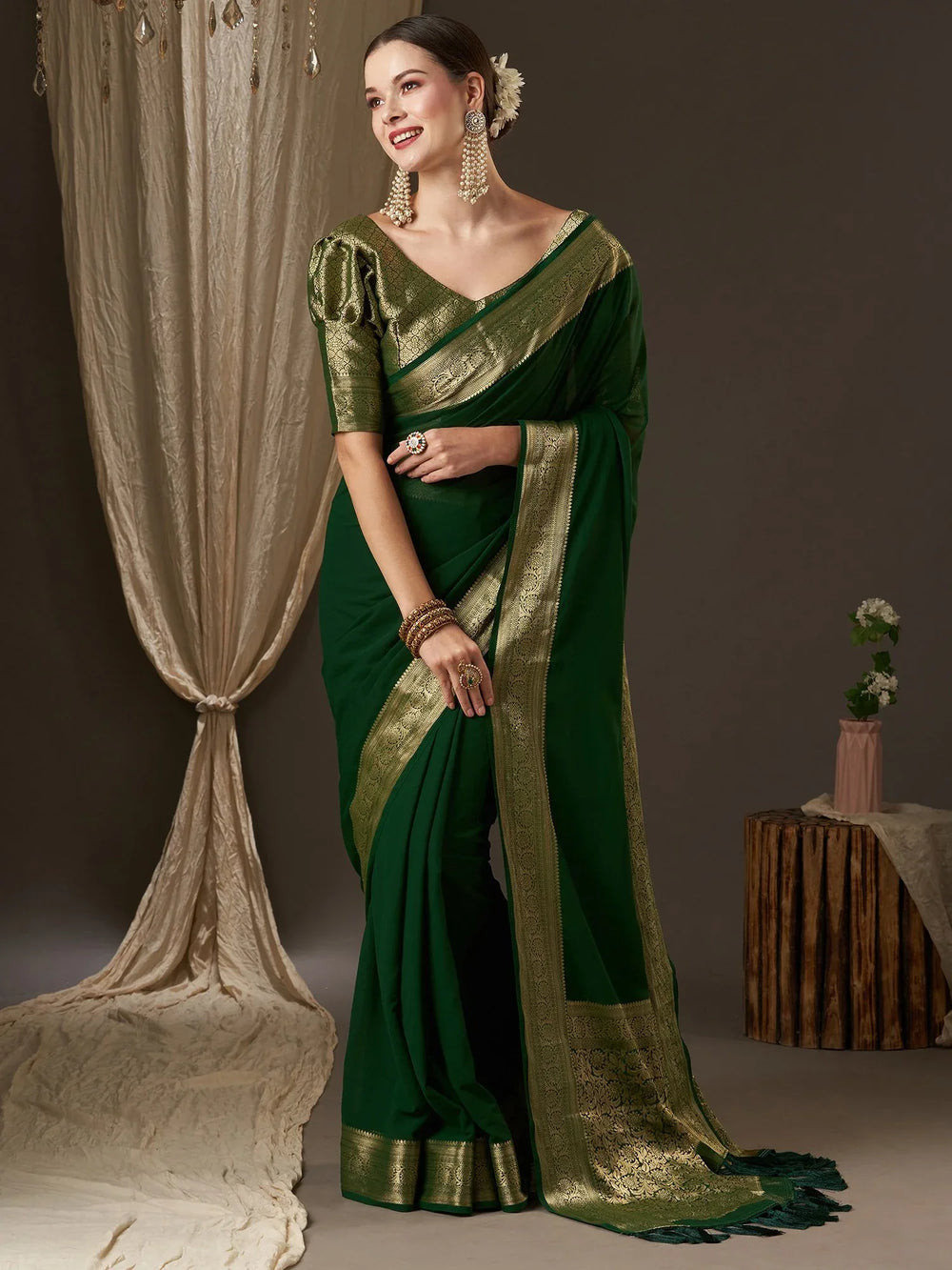 Royal Deep Green Partywear Georgette Saree - The Dori Store