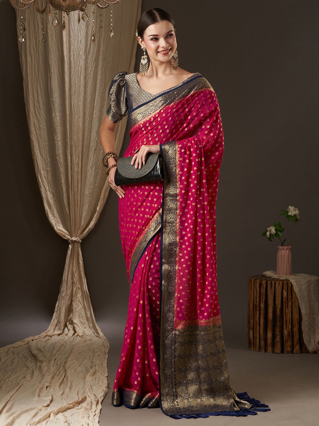 Pink Kanjeevaram Georgette Woven Saree