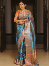 Teal Blue Tissue Soft Shiny Silk Festive Saree - The Dori Store