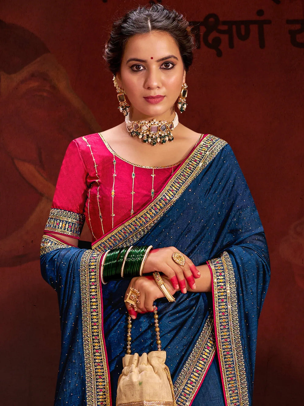 Timeless Navy Blue Vichitra Silk Designer Saree - The Dori Store