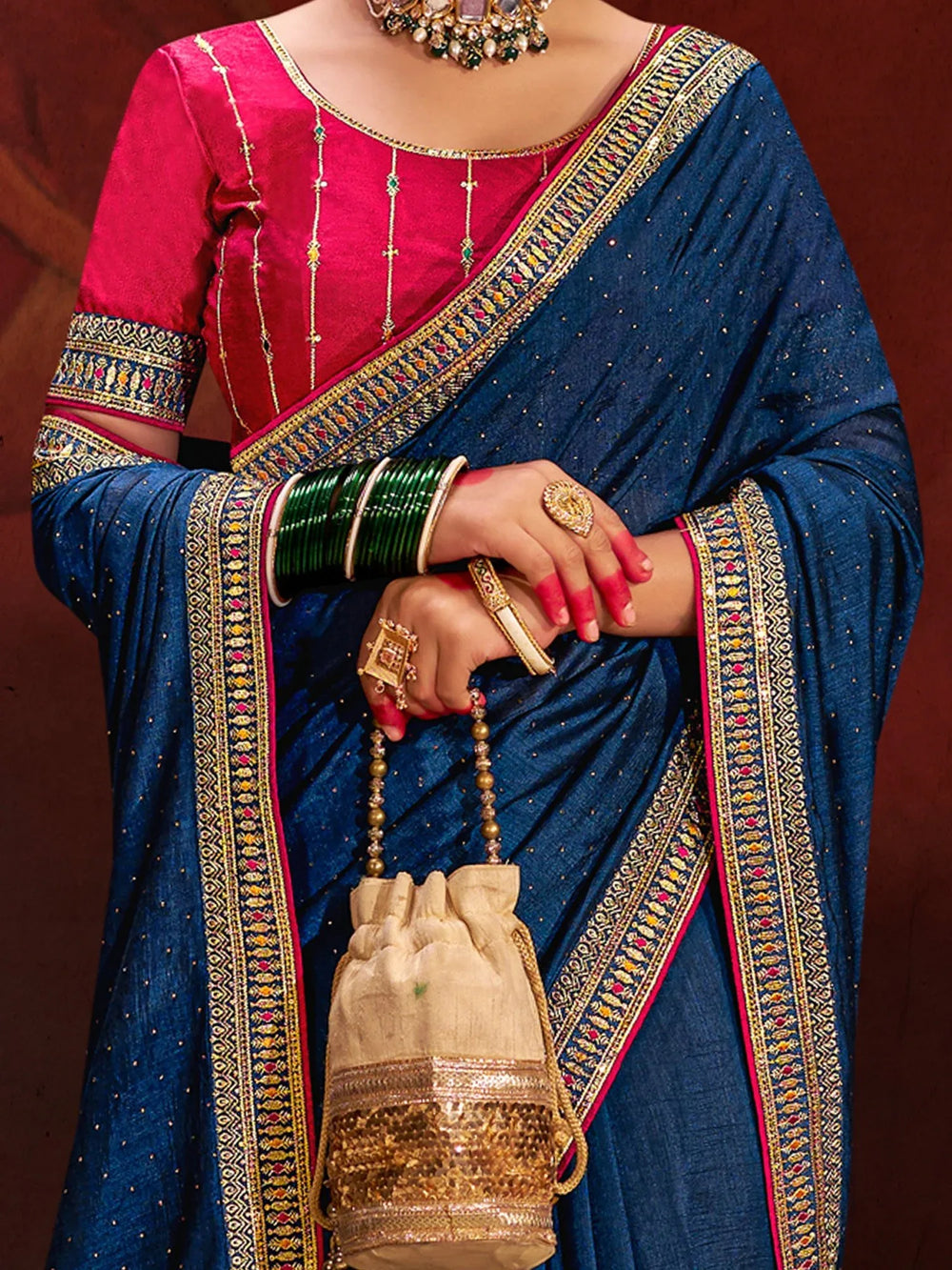 Timeless Navy Blue Vichitra Silk Designer Saree - The Dori Store