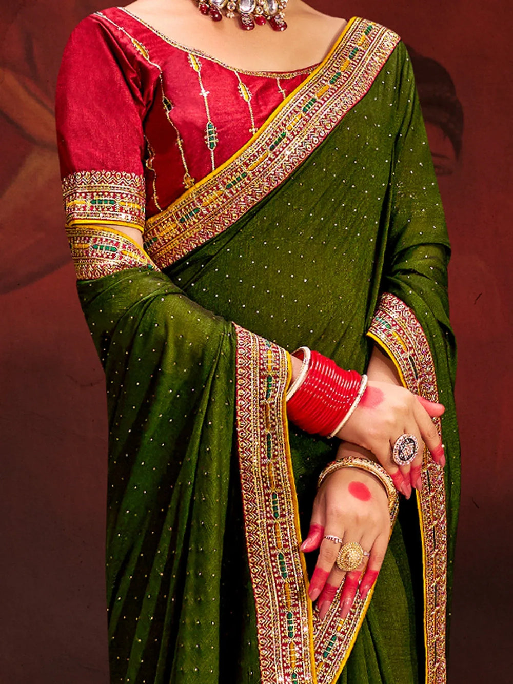 Olive Vichitra Silk Designer Saree - The Dori Store