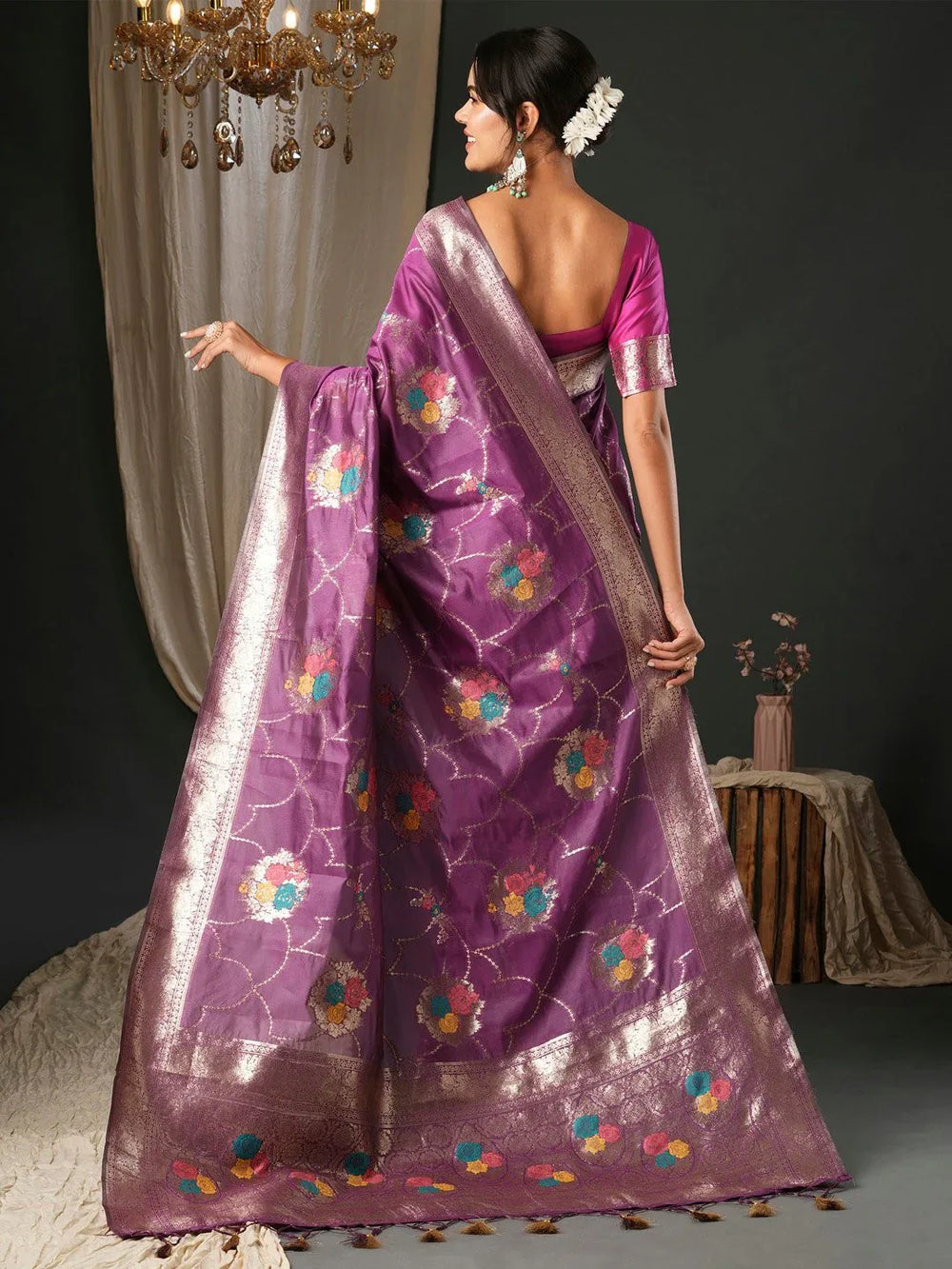 Bright Purple Soft Organza Silk Saree - The Dori Store