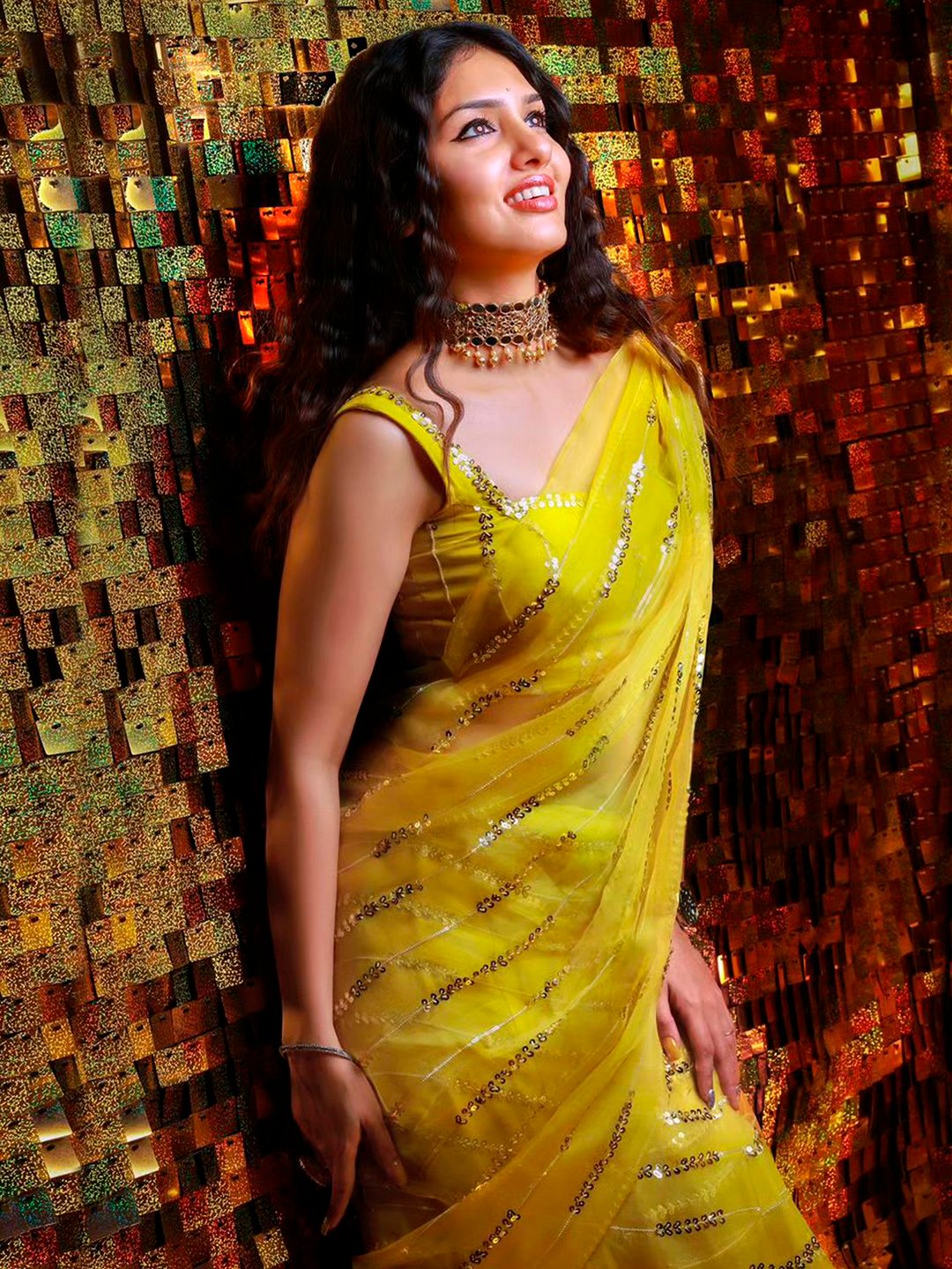Yellow Party Wear Georgette Embellished Saree