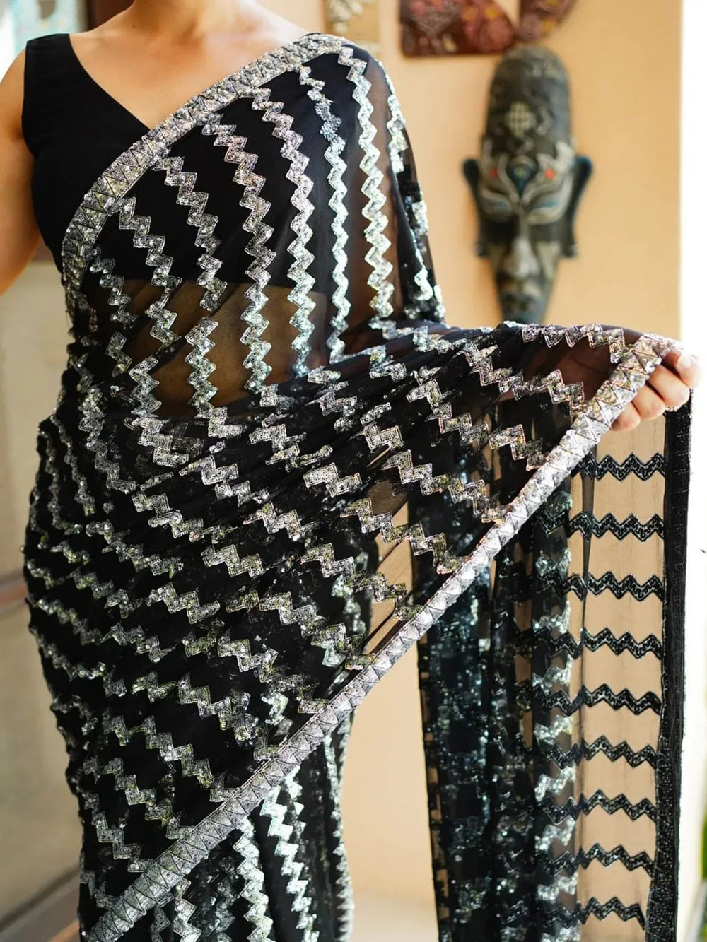 White and Black Designer Georgette Saree - The Dori Store