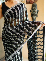 White and Black Designer Georgette Saree - The Dori Store