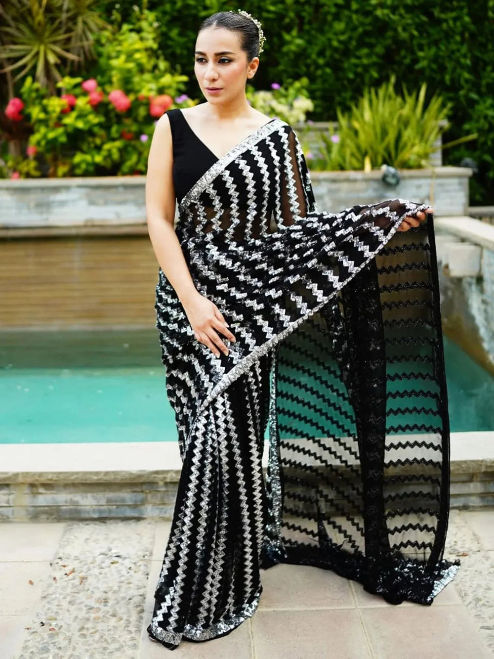 White and Black Designer Georgette Saree - The Dori Store