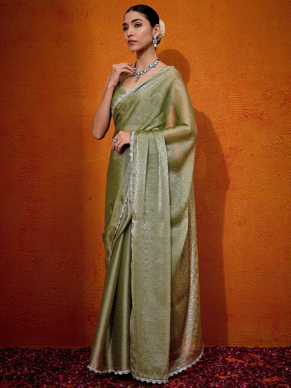 Olive Organza Designer Reception Saree - The Dori Store